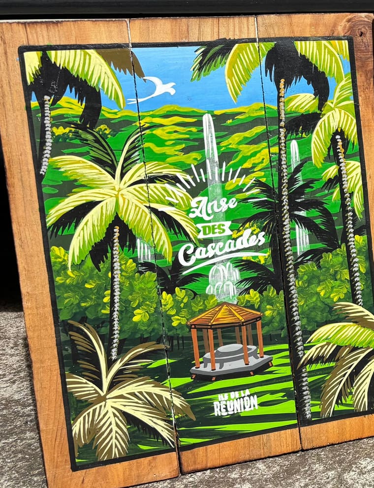 Petit Tablo peint à la main : le kiosque de l'Anse des Cascades sous les palmistes, Sabaguina, Saint-Leu