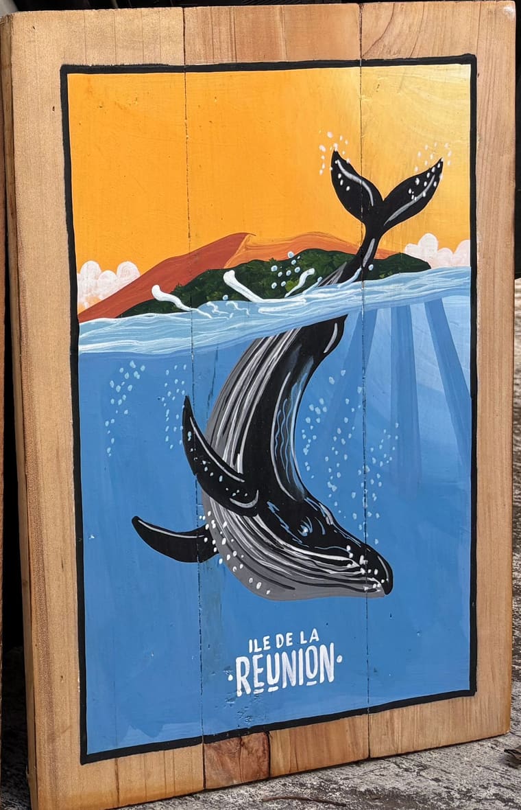 Petit Tablo peint à la main : une baleine à bosse au large de La Réunion, Sabaguina, Saint-Leu