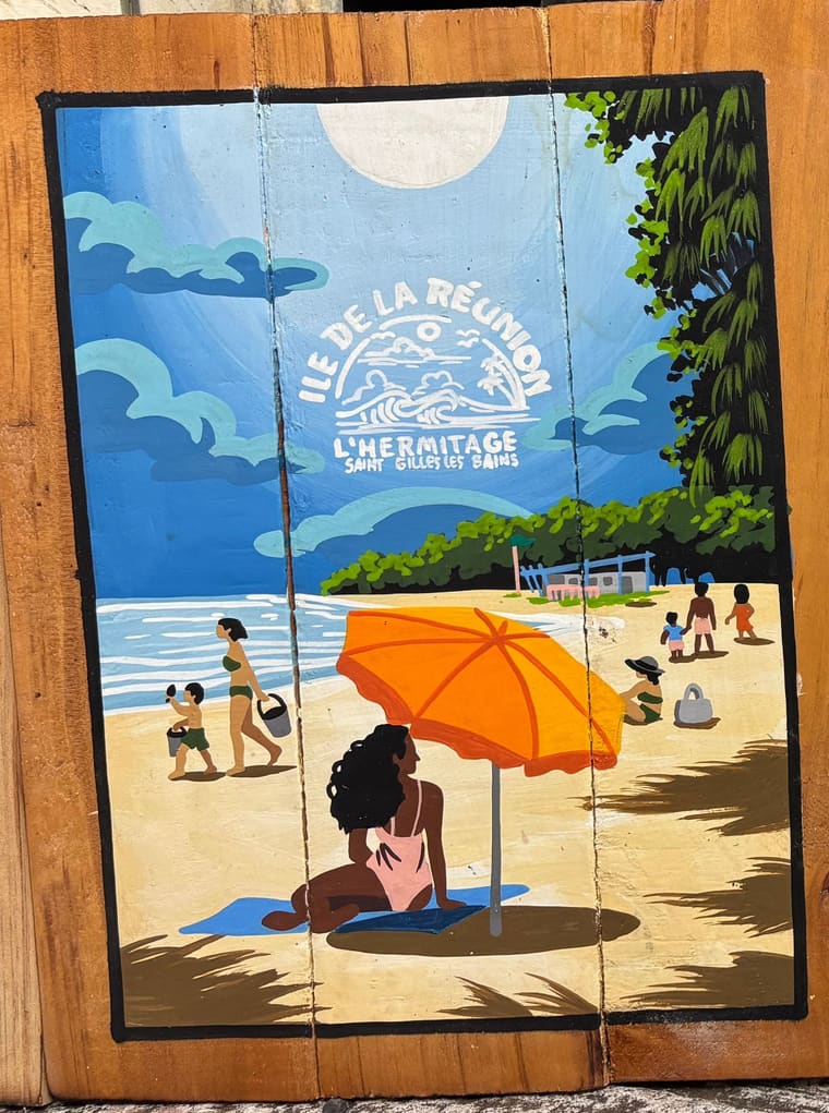 Petit Tablo peint à la main : la plage de L'Hermitage et son parasol, Sabaguina, Saint-Leu